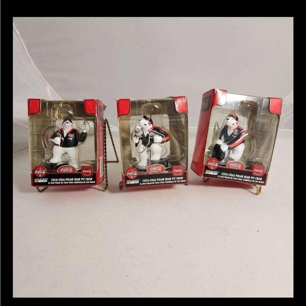 Coke Coca Cola Polar Bear Pit Crew Christmas Ornaments Set Of 3 In Box Racing